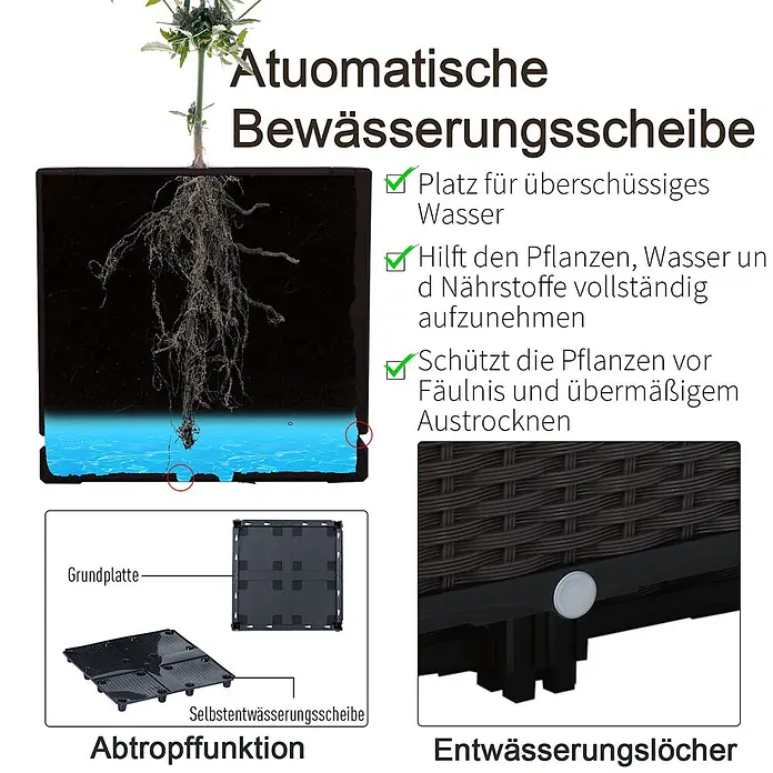 Outsunny Hochbeet 4-tlg. - 40 x 40 x 44 cm, Kunststoff, Braun - Automatisches Bewässerungssystem mit Drainageplatte für Pflanzen. Zeigt Wurzeln im Wasser, verhindert Fäulnis und sorgt für Hydration.
