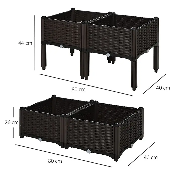 Outsunny Hochbeet 4-tlg. - 40 x 40 x 44 cm, Kunststoff, Braun - Braunes Hochbeet in Rattan-Optik, umwandelbar in zwei Höhen: 44 cm mit Beinen oder 26 cm ohne. Gesamtmaße 80x40 cm.