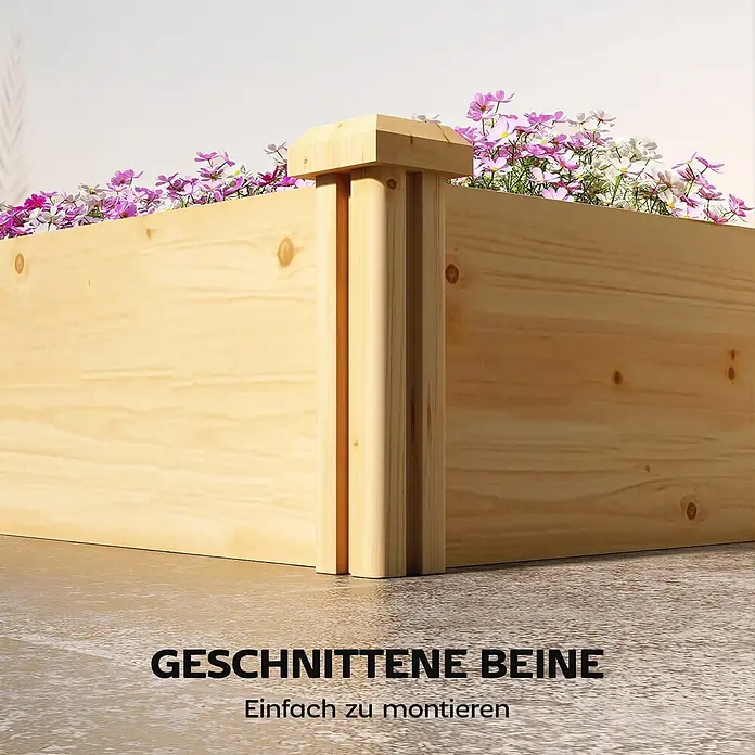 Outsunny Hochbeet - Holz, Naturholz - Hölzernes Hochbeet in Naturholzoptik, gefüllt mit rosa und weißen Blumen, mit stabilem Eckpfosten.