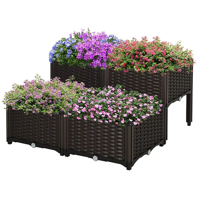 Outsunny Hochbeet 4-tlg. - 40 x 40 x 44 cm, Kunststoff, Braun - Modulare, dunkelbraune Hochbeete in Rattan-Optik, gefüllt mit bunten Blumen.