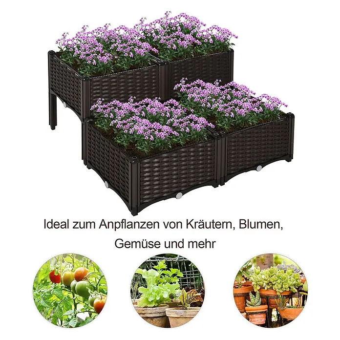 Outsunny Hochbeet 4-tlg. - 40 x 40 x 44 cm, Kunststoff, Braun - Dunkelbraune Hochbeete in Rattan-Optik, ideal zum Anpflanzen von Kräutern, Blumen und Gemüse.