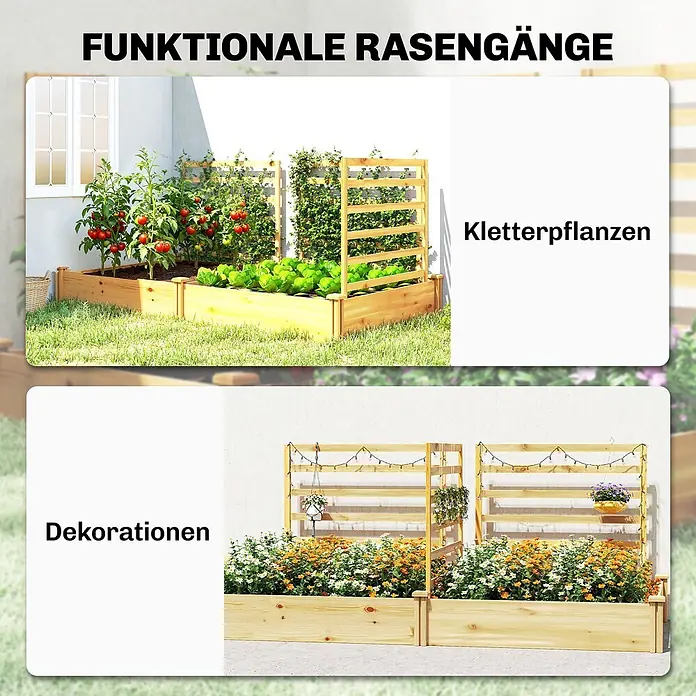 Furnicato Hochbeet - 240 x 125 x 102 cm, Holz, Naturholz - Holz-Hochbeet mit integrierten Spalieren, zur Anzucht von Gemüse, Blumen und Kletterpflanzen, auch dekorativ mit Lichtern.