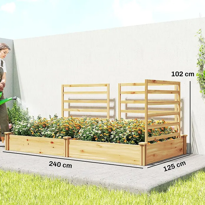 Outsunny Hochbeet - 240 x 125 x 102 cm, Holz, Naturholz - Hochbeet aus Naturholz mit zwei Rankhilfen, gefüllt mit bunten Blumen. Eine Person gießt die Pflanzen im Garten.