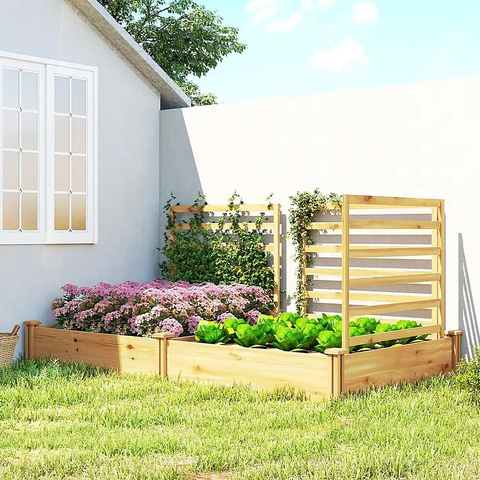 Furnicato Hochbeet - 240 x 125 x 102 cm, Holz, Naturholz - Hölzernes Hochbeet mit Spalieren, gefüllt mit rosa Blumen und grünem Gemüse in einem Garten.
