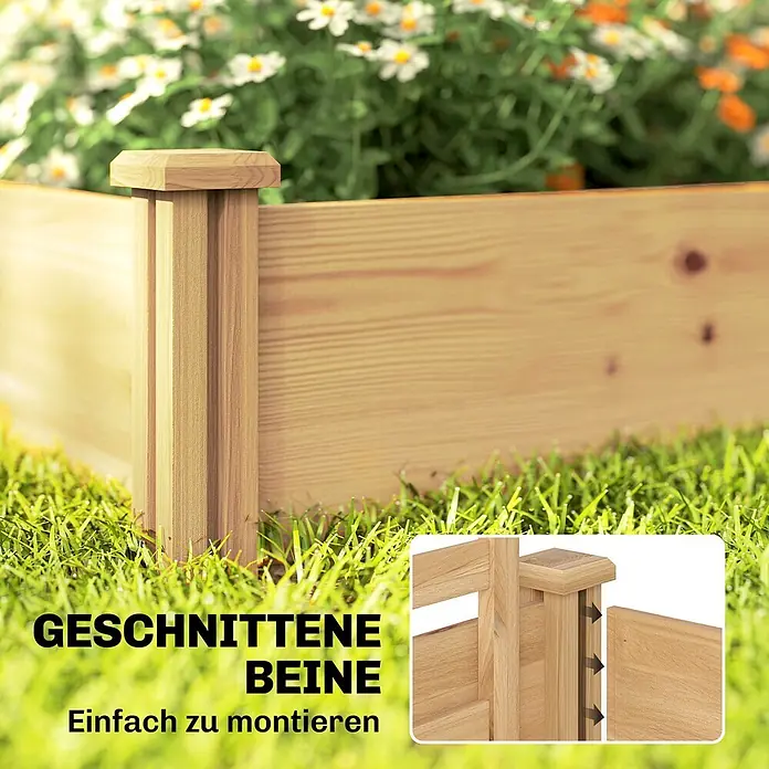 Furnicato Hochbeet - 240 x 125 x 102 cm, Holz, Naturholz - Ecke eines hölzernen Hochbeets aus Naturholz, das die einfache Montage der Paneele in den Pfosten zeigt.