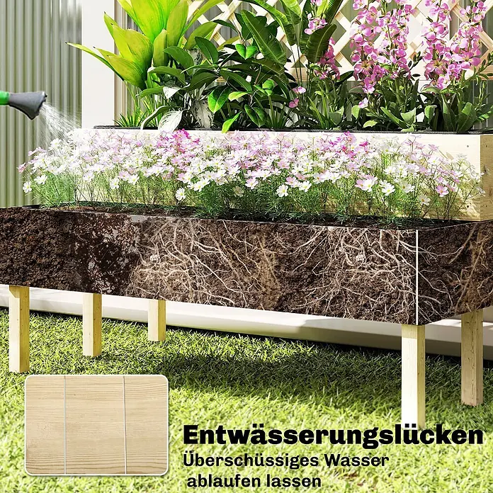 Outsunny Hochbeet - Holz, Naturholz - Hölzernes Hochbeet mit Blumen und freigelegter Erde/Wurzeln, das die Entwässerung zeigt. Wasser wird hinzugefügt.