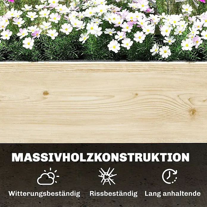 Outsunny Hochbeet - Holz, Naturholz - Pflanzkasten aus hellem Massivholz, witterungs- und rissbeständig, langlebig, mit Kosmeenblüten gefüllt.