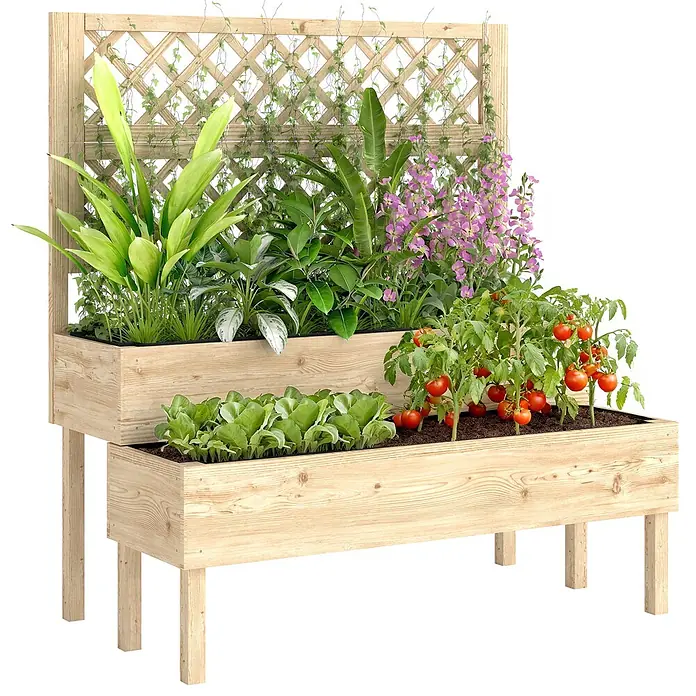 Outsunny Hochbeet - Holz, Naturholz - Gestuftes Hochbeet aus hellem Holz mit Rankgitter, bepflanzt mit Blumen, Tomaten und Salat.