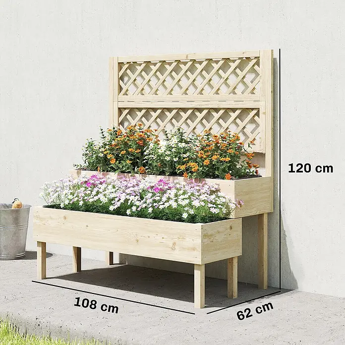Outsunny Hochbeet - Holz, Naturholz - Zweistufiges Hochbeet aus hellem Holz mit Rankgitter, mit Blumen bepflanzt. Maße: 120x108x62 cm (HxBxT).