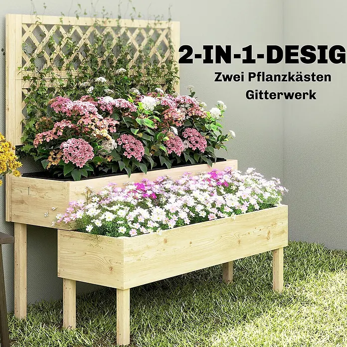 Outsunny Hochbeet - Holz, Naturholz - Zweistufiger Holz-Pflanzkasten mit Spalier, gefüllt mit Blumen und Ranken.