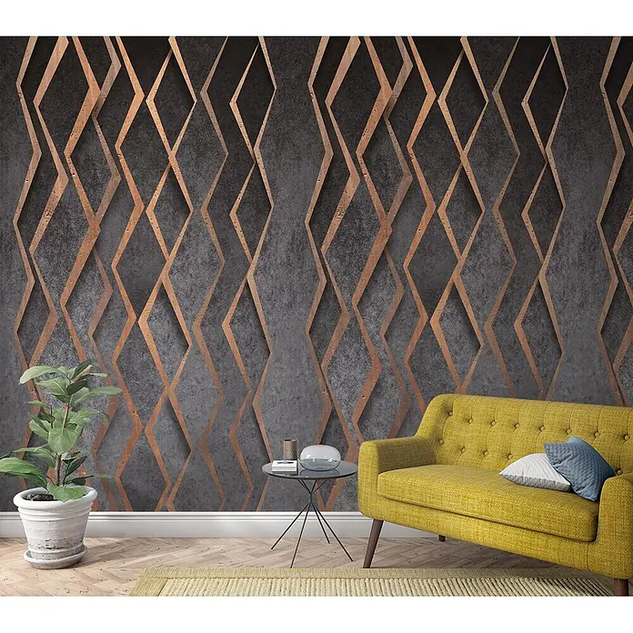 Marburg Smart Art Aspiration Fototapete Grafik I - B x H: 159 mm x 270 cm, Vlies, Anthrazit-Bronze - Moderne dunkelgraue Tapete mit Betontextur und auffälligem 3D-Geometriemuster aus sich kreuzenden kupferfarbenen Rauten für ein zeitgemäßes Wohnambiente.