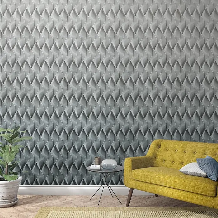 Marburg Smart Art Aspiration Fototapete Grafik V - B x H: 159 mm x 270 cm, Vlies, Grau - Grau-grüne, wellenförmig texturierte Tapete an einer Wohnzimmerwand mit gelbem Sofa und Pflanze.