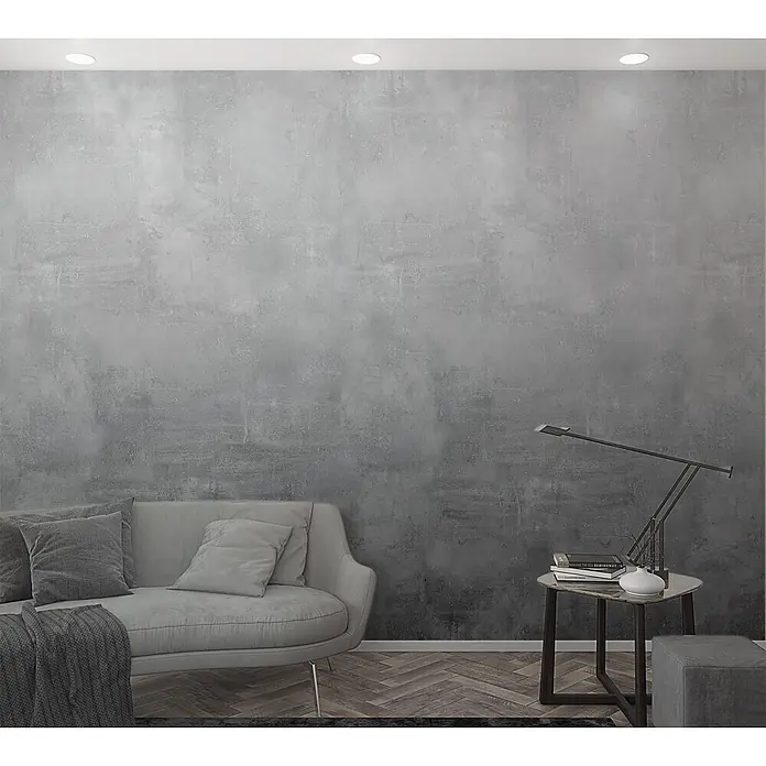 Marburg Fototapete Graphic Design - B x H: 159 mm x 270 cm, Vlies, Grau - Graues Stoffsofa mit Decke und Kissen in einem modernen Wohnzimmerambiente.