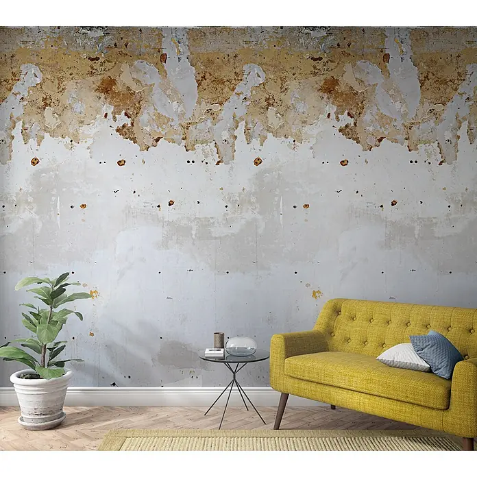 Marburg Fototapete Steinoptik - B x H: 159 mm x 270 cm, Vlies, Grau - Gelbes getuftetes Sofa mit zwei Kissen in einem modernen Wohnzimmer.