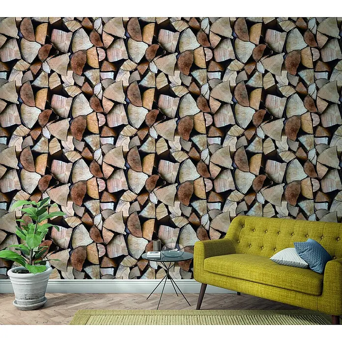 Marburg Smart Art Easy Fototapete Holzoptik - B x H: 106 x 270 cm, Vlies - Tapete mit realistischem Stapel-Brennholz-Muster, eine Wand im Wohnzimmer bedeckend.