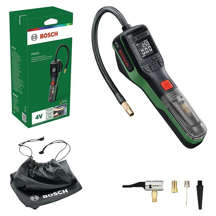 Bosch Akku-Luftpumpe Pneo - 3,6 V, Max. Druck: 10,3 bar - Bosch PNEO grüne und schwarze Akku-Druckluftpumpe mit Digitalanzeige, Schlauch, Tragetasche und verschiedenen Düsen.