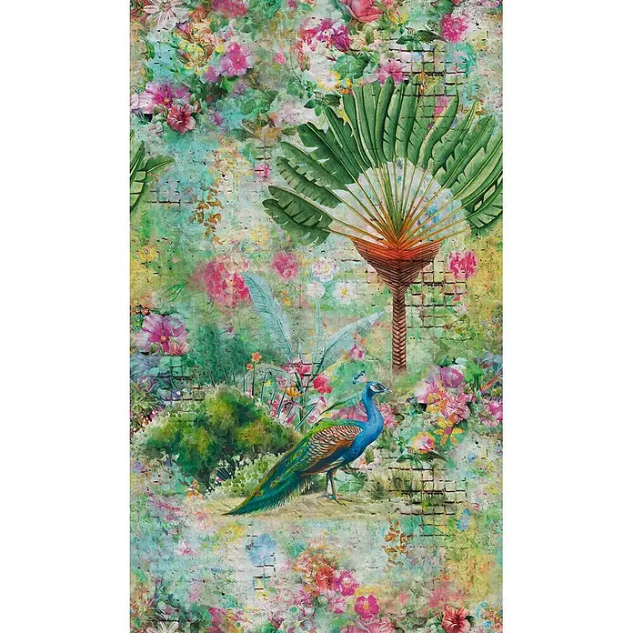Marburg Fototapete Maueroptik - B x H: 159 mm x 270 cm, Vlies - Lebhaftes tropisches Muster mit Pfau, Ravenala und bunten Blumen auf texturiertem, verwittertem Wandhintergrund.