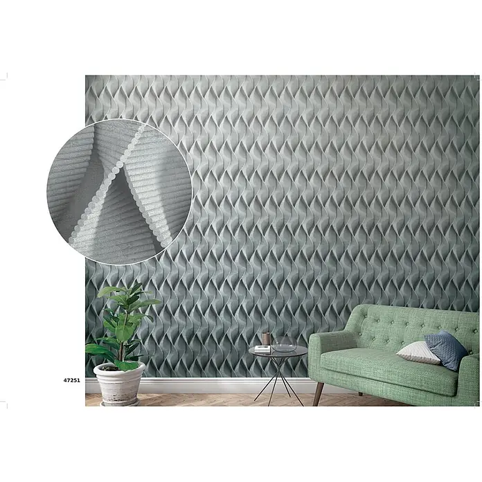Marburg Smart Art Aspiration Fototapete Grafik V - B x H: 159 mm x 270 cm, Vlies, Grau - Grün-graue wellige 3D-Wandverkleidung an einer Wohnzimmerwand, mit einem Einsatz, der ein hellgraues Plissee zeigt.