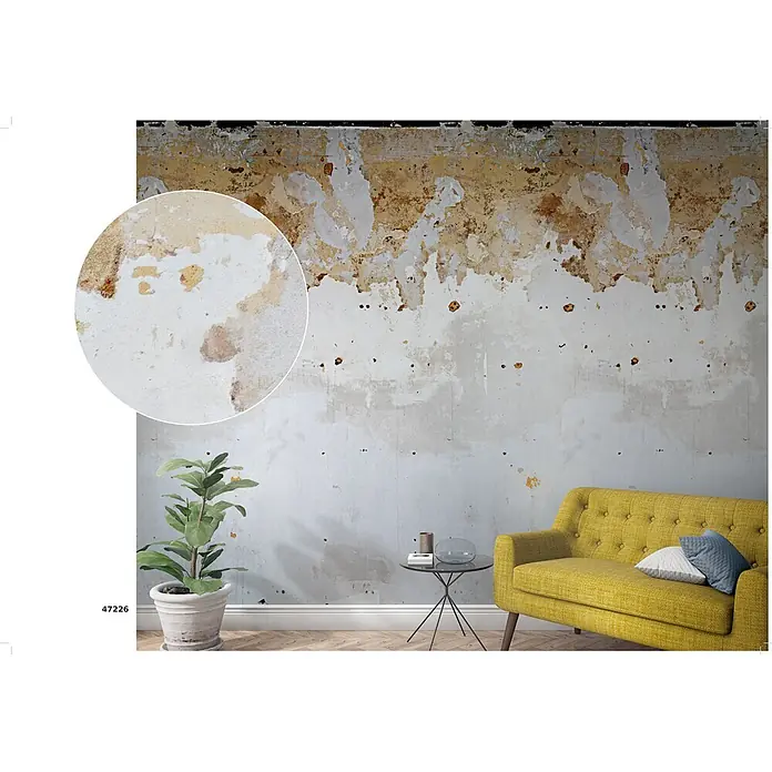 Marburg Fototapete Steinoptik - B x H: 159 mm x 270 cm, Vlies, Grau - Distressed Wandtapete mit abblätternder Farbe in Beige, Braun und Off-White in einem modernen Wohnraum.