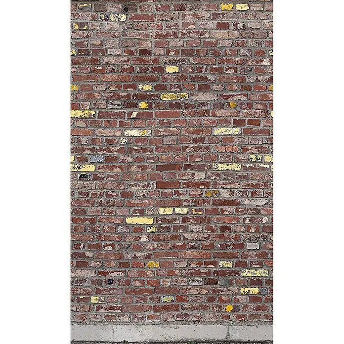 Marburg Smart Art Easy Fototapete Mauer - B x H: 159 mm x 270 cm, Vlies, Rot-Gold - Ziegelwandtextur aus rotbraunen Ziegeln mit grauem Mörtel, gelben Farbspritzern und Betonsockel.