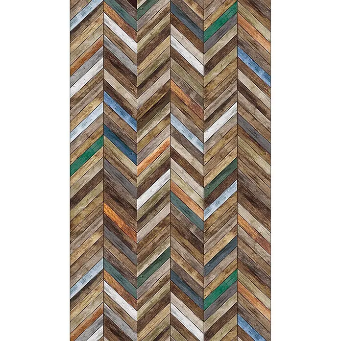 Marburg Fototapete Holzoptik - B x H: 159 mm x 270 cm, Vlies, Braun-Blau - Chevron-Muster aus mehrfarbigen, verwitterten Holzplanken für Böden oder Wände, mit vielfältigen Naturtönen und lebhaften Akzentfarben.