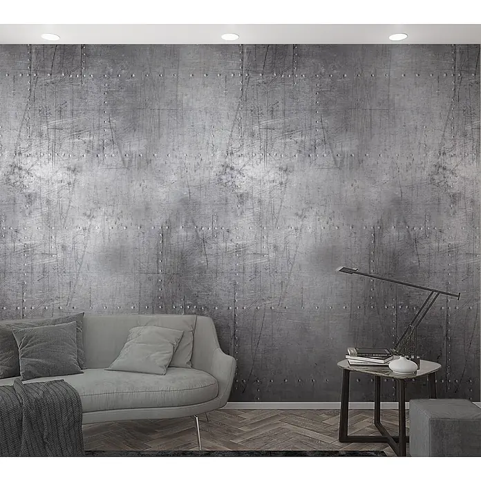Marburg Smart Art Easy Fototapete Holzoptik - B x H: 159 mm x 270 cm, Vlies, Grau - Metallisch-graue industrielle Wandverkleidung mit gebürsteter, zerkratzter Textur und sichtbaren Nieten in einem modernen Interieur.