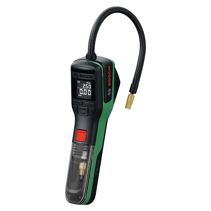Bosch Akku-Luftpumpe Pneo Fahrradtasche - 3,6 V, Max. Druck: 10,3 bar - Ein schwarz-grüner Bosch Akku-Reifenfüller mit Digitalanzeige, flexiblem geflochtenem Schlauch und Messinganschluss.