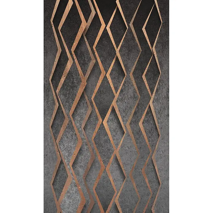 Marburg Smart Art Aspiration Fototapete Grafik I - B x H: 159 mm x 270 cm, Vlies, Anthrazit-Bronze - Abstraktes geometrisches Design mit metallischen Bronzelinien als Rautenmuster auf texturiertem dunkelgrauem Hintergrund.
