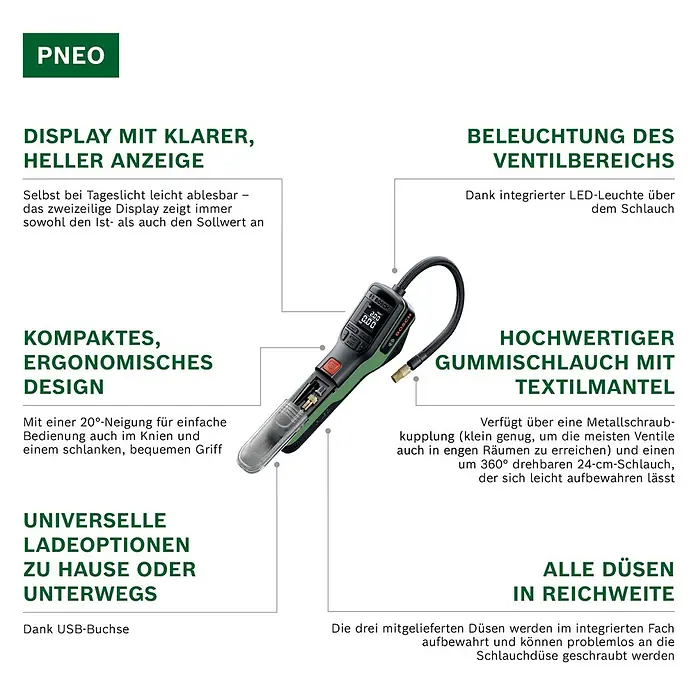 Bosch Akku-Luftpumpe Pneo - 3,6 V, Max. Druck: 10,3 bar - Ein grüner und schwarzer Bosch PNEO Akku-Kompressor mit schwarzem Schlauch.