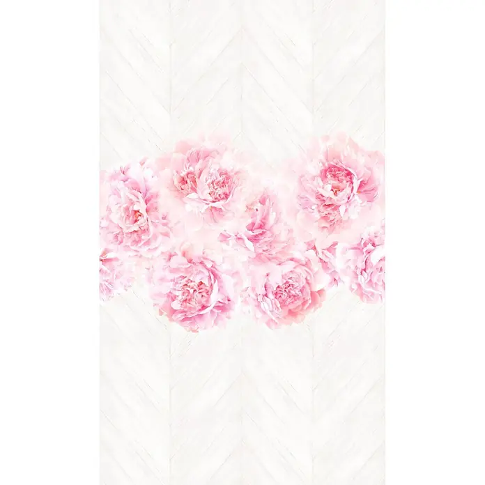Marburg Smart Art Easy Fototapete Pink Flower - B x H: 159 mm x 270 cm, Vlies - Rosa Pfingstrosen in horizontalem Band auf weißem Fischgrät-Holzmuster.