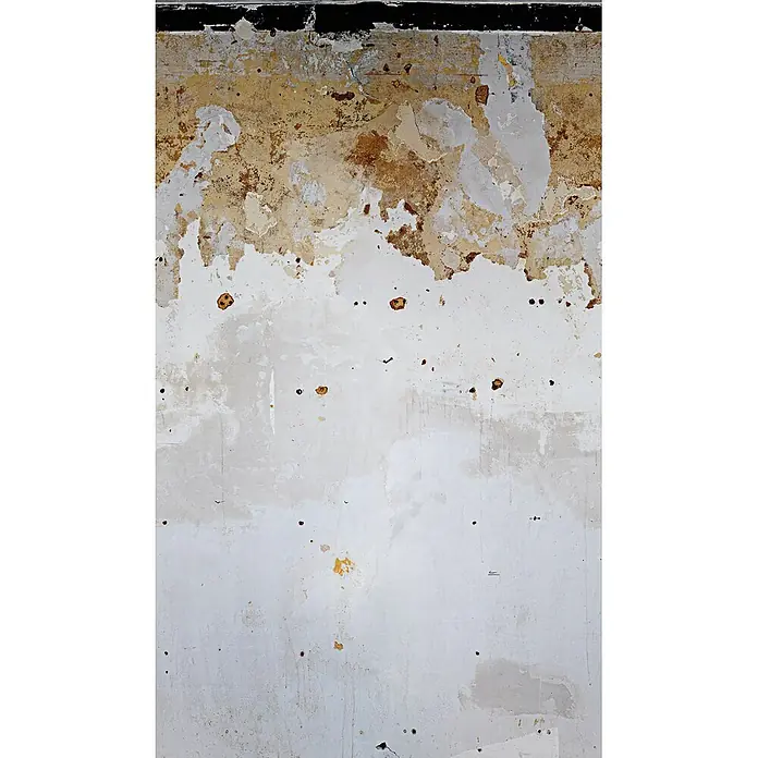 Marburg Fototapete Steinoptik - B x H: 159 mm x 270 cm, Vlies, Grau - Abgenutzte Wandtextur mit abblätternder weißer Farbe, die Schichten von beigem und braunem Putz zeigt. Dunkler oberer Rand, mit kleinen Löchern und Rissen.