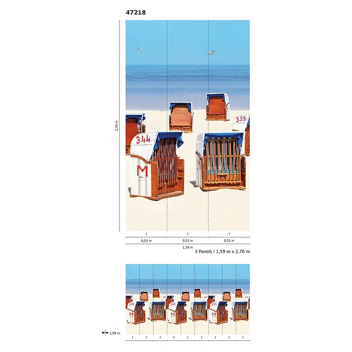 Marburg Smart Art Easy Fototapete Floral V - B x H: 159 mm x 270 cm, Vlies - Wandbild mit Strandmotiv: Strandkörbe auf Sand, blaues Meer und Himmel mit Möwen.