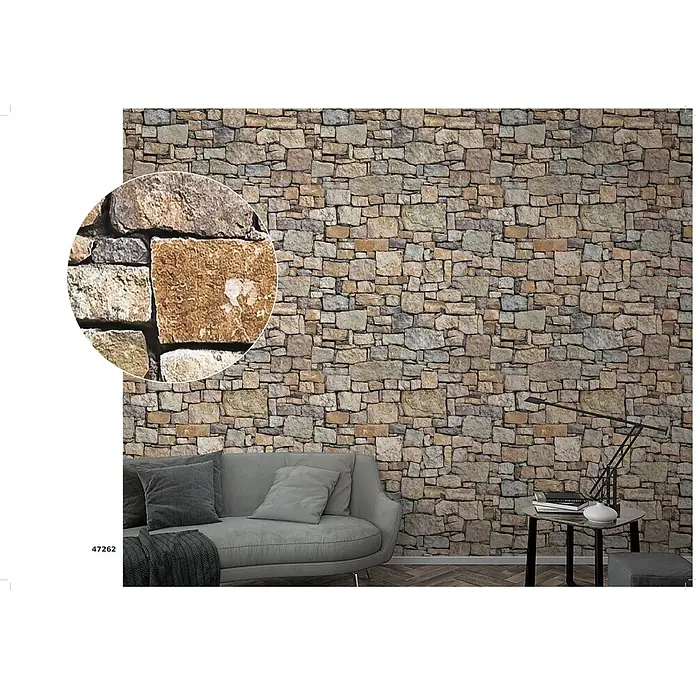Marburg Smart Art Easy Fototapeten-Muster Mauer I - Oberflächen-Optik - Steinwandtapete mit unregelmäßigen Blöcken in Naturtönen, die einen rustikalen Wohnzimmer-Look schafft.