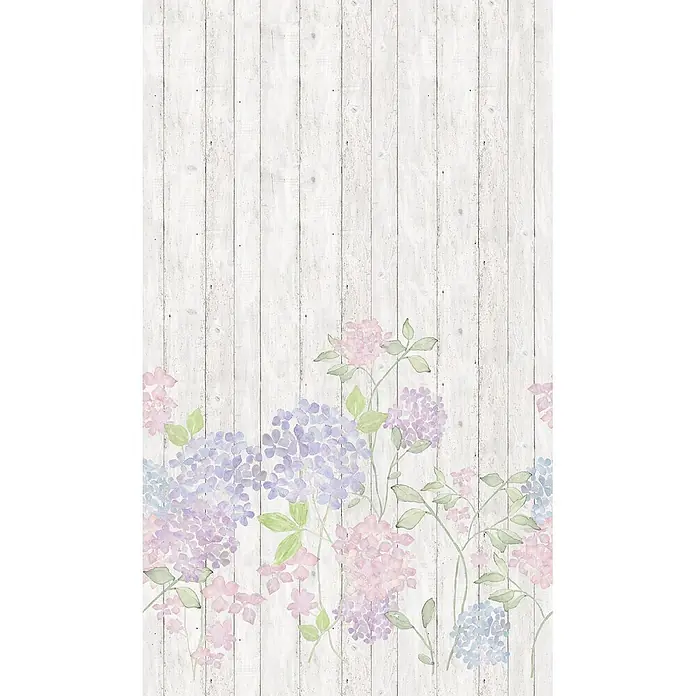 Marburg Fototapete Holz Floral - B x H: 159 mm x 270 cm, Vlies - Weiße Holzbretter mit einem Aquarell-Hortensien-Blumenrand in zarten Rosa-, Lila- und Blautönen.
