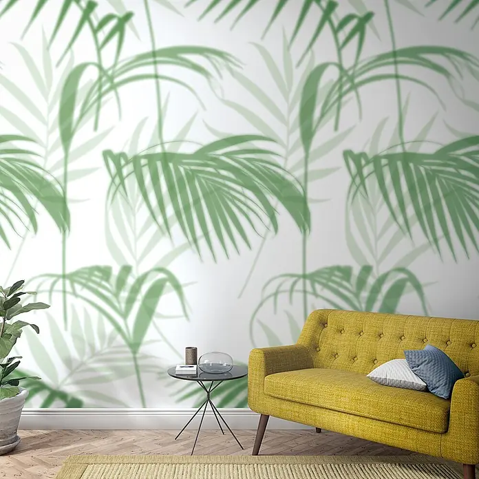Marburg Smart Art Easy Fototapete Palmen - B x H: 159 mm x 270 cm, Vlies, Grün-Grau - Grüne Palmblatt-Tapete, die im hellen Wohnzimmer einen tropischen Akzent setzt.