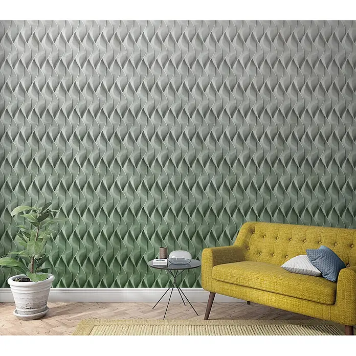 Marburg Smart Art Aspiration Fototapete Grafik V - B x H: 159 mm x 270 cm, Vlies, Grau-Grün - Strukturierte Wandverkleidung mit Ombré-Wellenmuster, hellgrau-grün zu dunkelgrün, in einem Wohnzimmer.