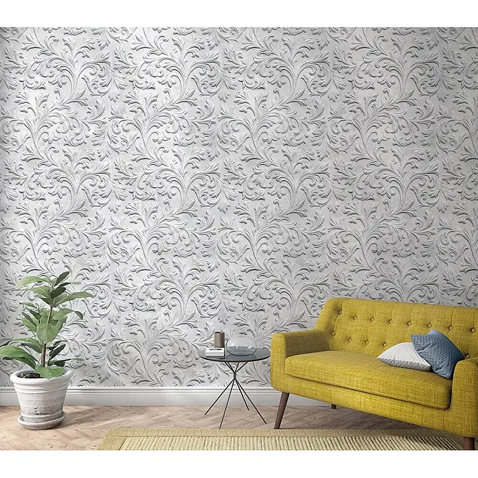Marburg Smart Art Aspiration Fototapete Ornamental I - B x H: 159 mm x 270 cm, Vlies, Grau - Strukturierte weiße Wand mit floralem Muster in modernem Wohnzimmer mit gelbem Sofa und Pflanze.