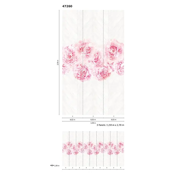 Marburg Smart Art Easy Fototapete Pink Flower - B x H: 159 mm x 270 cm, Vlies - Tapetenwandbild mit rosa Pfingstrosen auf weißem Fischgrät-Holzmuster, inklusive Paneelen und Gesamtabmessungen.