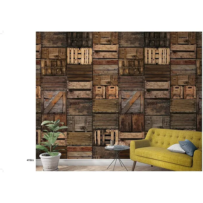 Marburg Smart Art Easy Fototapete Illustration V - B x H: 159 mm x 270 cm, Vlies - Tapete mit rustikalem Muster aus gestapelten Holzkisten in Braun- und Naturholztönen, in einem Wohnzimmer.