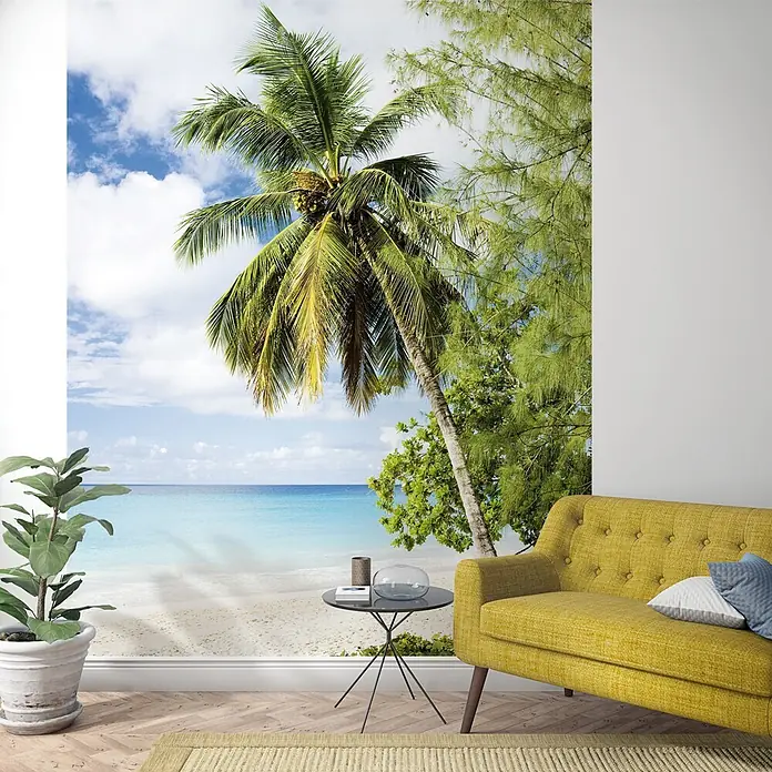 Marburg Smart Art Easy Fototapete Strand - B x H: 212 x 270 cm, Vlies - Wandbild mit tropischem Strandmotiv, Palmen und türkisem Meer in einem Wohnzimmer.