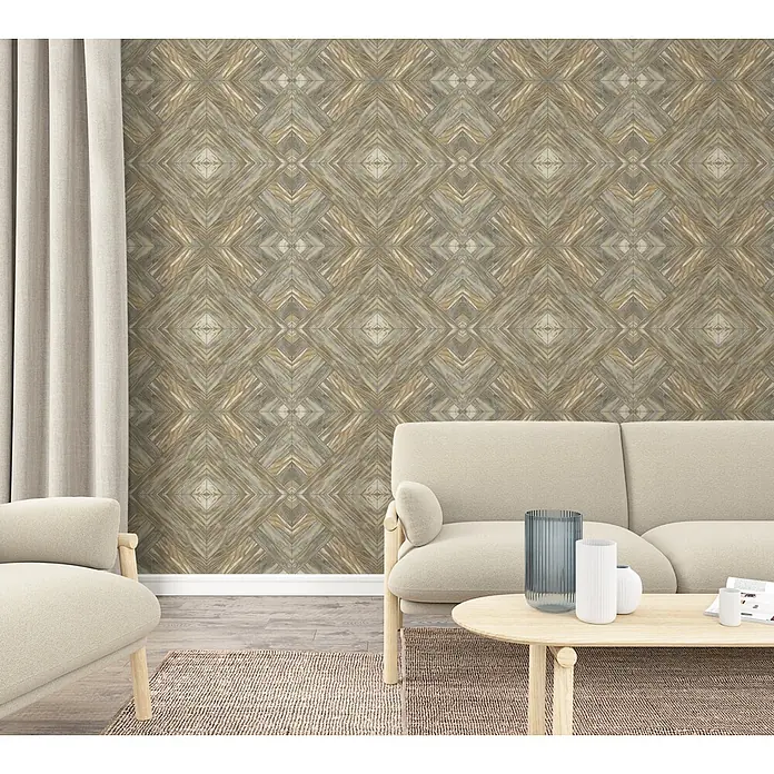 Marburg Smart Art Aspiration Fototapete Grafik VII - B x H: 159 mm x 270 cm, Vlies, Beige - Tapete mit geometrischem Holzparkettmuster an einer Wohnzimmerwand.