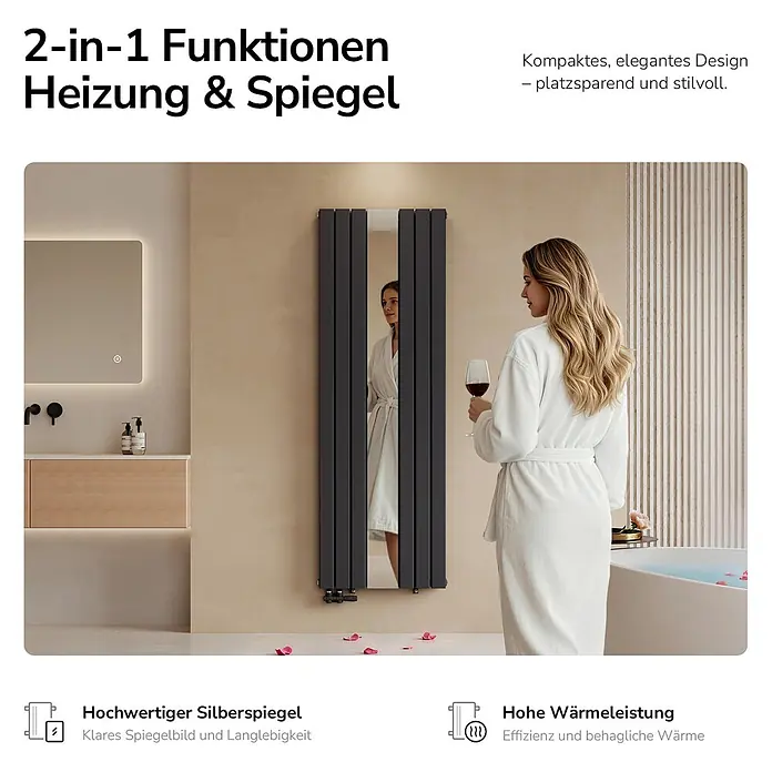 Emke Designheizkörper Doppellagig Vertikal - Wärmeleistung bei Vorlauftemperatur von 75 °C (D: 50): 1.788 W, Anthrazit - Dunkelgrauer 2-in-1 Spiegel-Heizkörper im Bad, der eine Frau reflektiert. Bietet Heizung und einen hochwertigen Silberspiegel.