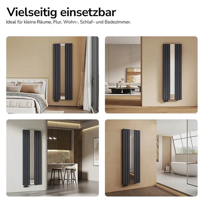 Emke Designheizkörper Doppellagig Vertikal - Wärmeleistung bei Vorlauftemperatur von 75 °C (D: 50): 1.788 W, Anthrazit - Dunkler Heizkörper mit Spiegelpanel, vielseitig in Wohnräumen einsetzbar.