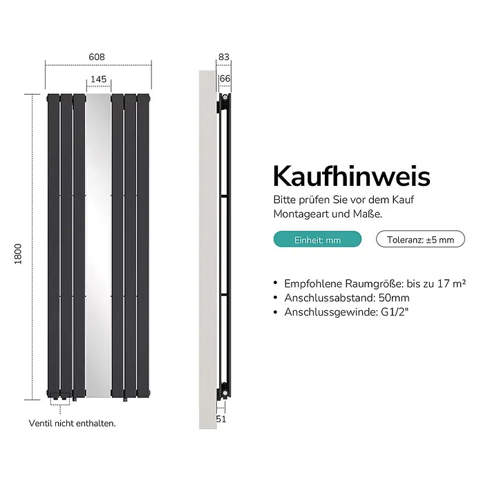 Emke Designheizkörper Doppellagig Vertikal - Wärmeleistung bei Vorlauftemperatur von 75 °C (D: 50): 1.788 W, Anthrazit - Dunkelgrauer Vertikalheizkörper mit den Maßen 1800x608mm, Wandmontage- und Anschlussdetails. Empfohlen für Räume bis 17m².