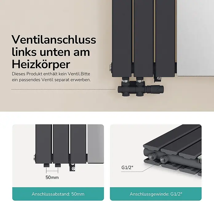 Emke Designheizkörper Doppellagig Vertikal - Wärmeleistung bei Vorlauftemperatur von 75 °C (D: 50): 1.788 W, Anthrazit - Dunkelgrauer Vertikalheizkörper mit unten links Ventilanschluss. Zeigt 50mm Anschlussabstand und G1/2" Gewinde.