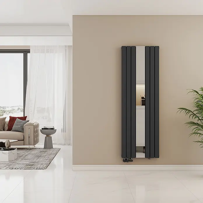 Emke Designheizkörper Doppellagig Vertikal - Wärmeleistung bei Vorlauftemperatur von 75 °C (D: 50): 1.788 W, Anthrazit - Dunkelgrauer vertikaler Heizkörper mit zentralem Spiegel, an einer Wand installiert.