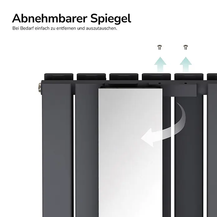 Emke Designheizkörper Doppellagig Vertikal - Wärmeleistung bei Vorlauftemperatur von 75 °C (D: 50): 1.788 W, Anthrazit - Dunkelgrauer Heizkörper mit abnehmbarem Spiegel, der zum Entfernen und Austauschen einfach herausgeschoben wird.