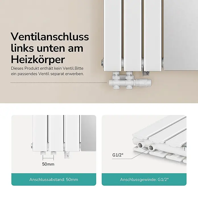 Emke Designheizkörper Doppellagig Vertikal - Wärmeleistung bei Vorlauftemperatur von 75 °C (D: 50): 1.788 W, Weiß - Weißer Plattenheizkörper mit unteren linken Anschlüssen. Zeigt 50 mm Anschlussabstand und G1/2" Gewinde für Ventil (nicht enthalten).