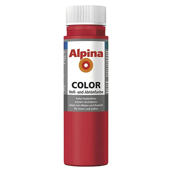 Alpina Vollton- & Abtönfarbe Color - Fire Red, Matt, 250 ml, Lösemittelfrei - Alpina Color Voll- und Abtönfarbe in einer roten Flasche. Ideal zum Malen und Basteln im Innen- und Außenbereich. Hohe Farbbrillanz.