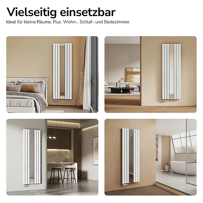 Emke Designheizkörper Doppellagig Vertikal - Wärmeleistung bei Vorlauftemperatur von 75 °C (D: 50): 1.788 W, Weiß - Ein hoher, weißer Heizkörper mit Spiegelpaneelen, vertikal in verschiedenen modernen Räumen installiert.